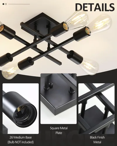Miniatura 3 de Lámpara de techo semiempotrada de 6 luces, moderna lámpara Sputnik negra, lámpara de techo de granja E26, lámpara de techo para cocina, dormitorio