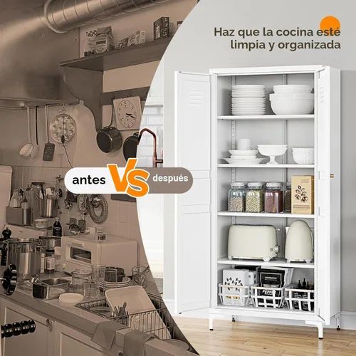 Miniatura 7 de Yizosh Armario de almacenamiento de metal con 2 puertas y 4 estantes ajustables, 61 pulgadas, color blanco, despensa de cocina, 5 niveles de alto