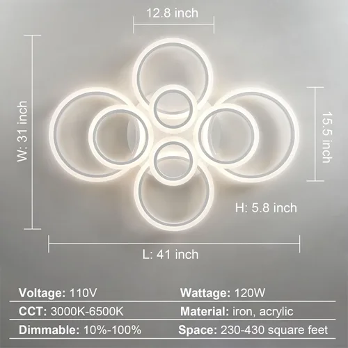 Miniatura 4 de Lámpara de techo LED moderna de 41 pulgadas con control remoto regulable de 8 anillas, lámpara de techo blanca empotrada para sala de estar