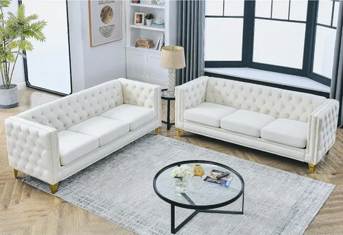 Miniatura 28 de mikibama Sofá de 3 plazas de terciopelo de 80.5 pulgadas para sala de estar, sofás de 3 asientos con botones copetudos con bordes de clavos, sofás