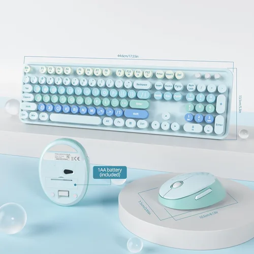 Miniatura 6 de Teclado y mouse azules, bonito combo de teclado y mouse inalámbricos, teclado de máquina de escribir de tamaño completo con teclado numérico, azul