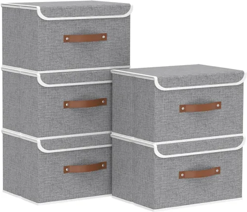 Miniatura 16 de Yawinhe SNK024BEN-1 Cajas de almacenamiento plegables, cestas apilables de tela de lino, contenedor con tapa y asa de cuero, lavable, para el hogar