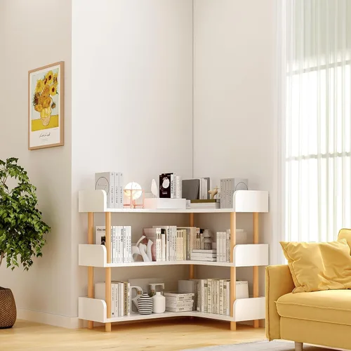 Miniatura 3 de OSCHF Estantería esquinera reversible de madera, moderna estantería en forma de L de 3 niveles con marco de madera maciza y protección de bordes