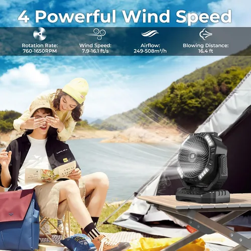 Miniatura 3 de 68HRS - Ventilador de campamento para correr con luz, batería recargable de 20000 mAh, potentes 4 velocidades y oscilación automática, temporizador
