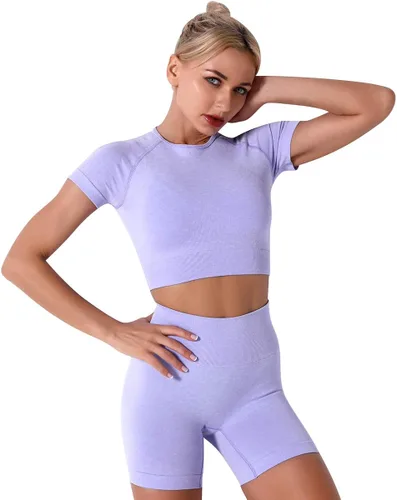 Miniatura 3 de Conjunto de yoga para mujer sin costuras pantalones cortos de ejercicio de cintura alta con brasier deportivo 3 piezas conjunto deportivo