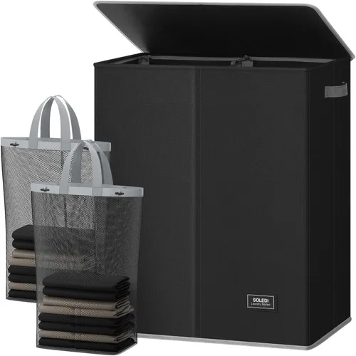 Miniatura 18 de SOLEDI Cesta de lavandería de lujo doble con tapa y bolsas removibles, cesta grande para lavandería, cesta de lavandería de 2 secciones, cesta
