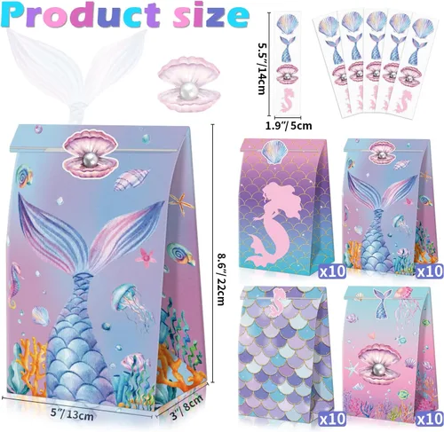 Miniatura 2 de XJLANTTE 40 bolsas de regalo de sirena, bolsas de recuerdo de fiesta bajo el mar con calcomanías para la cola, bolsas de fiesta para niños y niñas