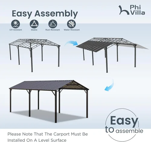 Miniatura 4 de PHI VILLA Cochera metálica independiente de 10 x 20 pies con techo de acero galvanizado, cochera metálica resistente de alta resistencia para autos