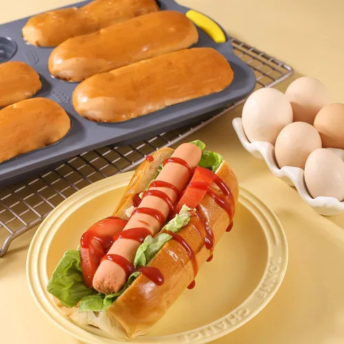 Miniatura 6 de MUJUZE Molde para bollo de perro caliente, molde de pan de 6 cavidades, molde de silicona para bollos de perro caliente, antiadherente y resistente