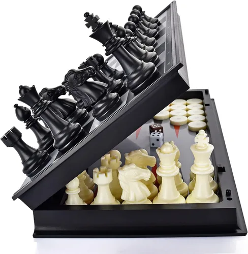 Miniatura 8 de Juego de mesa de backgammon magnético 3 en 1 con tablero plegable de 12.5 pulgadas para niños y adultos (Ajedrez: oro y plata)