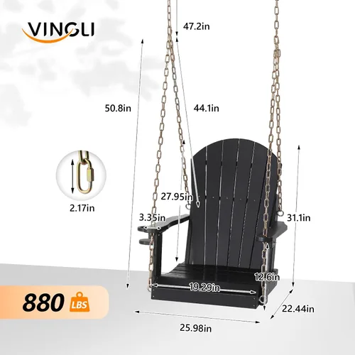 Miniatura 3 de VINGLI Columpio de porche de polietileno de alta densidad de alta resistencia de 880 libras para exteriores con soporte giratorio para tazas, Negro