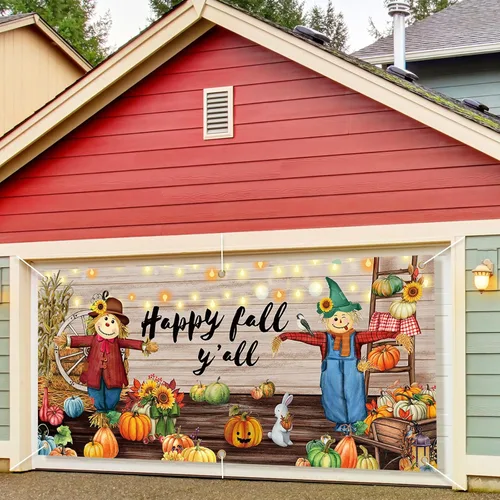 Miniatura 5 de Hosuly Pancarta decorativa de otoño para puerta de garaje de 13 x 6 pies, extra grande, telón de fondo de espantapájaros de calabaza y otoño