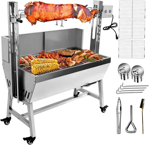 Miniatura 9 de Parrilla de asador de acero inoxidable con protector trasero, motor de 25 W, pequeño asador para cerdo y cordero, parrilla de carbón de 37'' 2 en 1