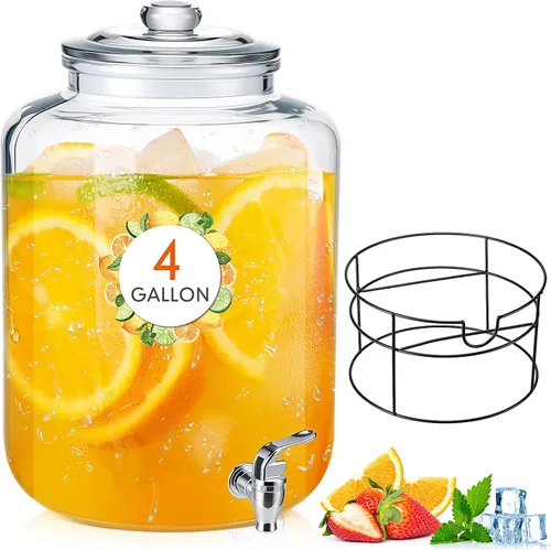 Miniatura 7 de Honeydak Dispensador de bebidas de vidrio de 3 galones para fiestas, dispensador de bebidas de vidrio con soporte y espita a prueba de fugas