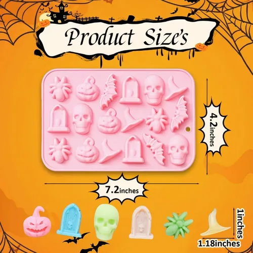 Miniatura 4 de Molde de silicona de Halloween para chocolate 3D para hornear chocolates, galletas, gomitas de caramelos, calaveras, calabazas, murciélagos