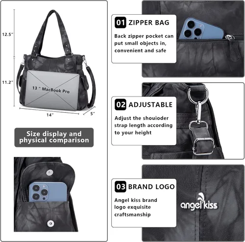 Miniatura 5 de Angel Kiss Bolsos para mujer con tiras en la parte superior, bolso estilo Hobo, bolsas de hombro espaciosas y casuales, cartera estilo Tote de PU