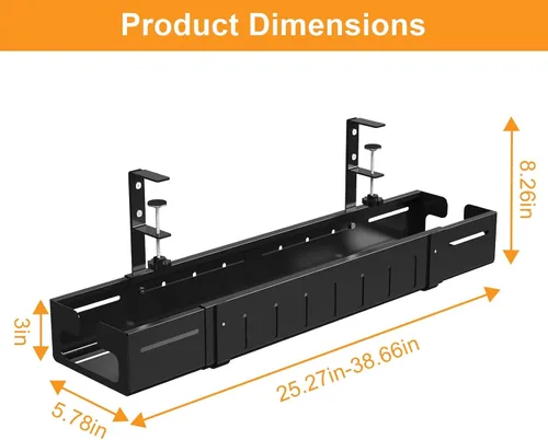 Miniatura 2 de REALINN Bandeja de organización de cables para debajo del escritorio, color negro, expandible de 25.27 a 38.66 pulgadas, resistente cable