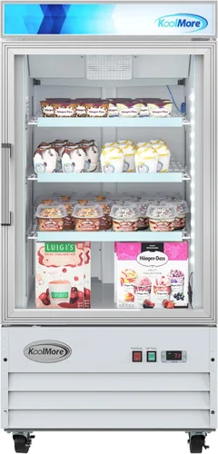 KoolMore 66 cm. Refrigerador vertical comercial para exhibición con una puerta de vidrio blanco - 9 pies cúbicos (MDF-1GD-9C-WH)