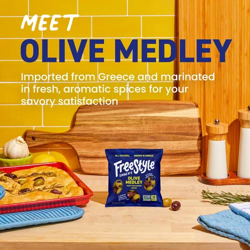 Miniatura 3 de Freestyle Snacks Paquetes de aperitivos de oliva, como se ve en Shark Tank, una sola porción, aceitunas frescas sin hueso, cultivadas en Grecia