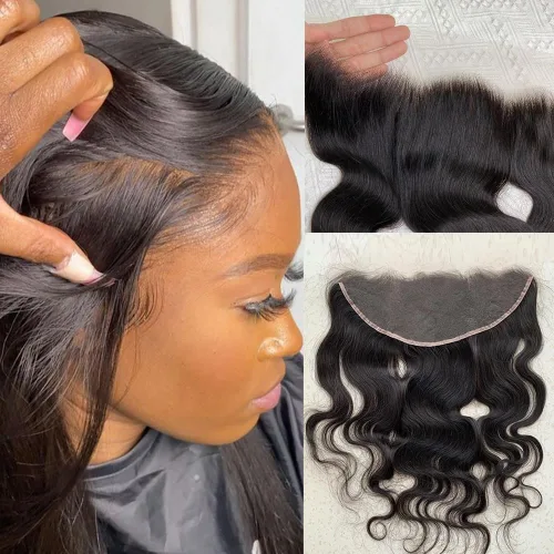 13x4 Frontal de encaje ondulado del cuerpo, frontal de encaje suizo transparente HD invisible prearrancado con cabello de nacimiento de grado 12A,