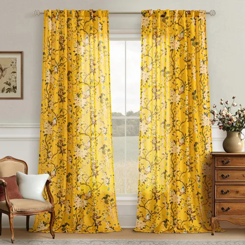 Miniatura 46 de Cortinas de lino florales azules y amarillas, estilo vintage, bohemio, de 63 pulgadas, 2 paneles con pestaña trasera para sala de estar