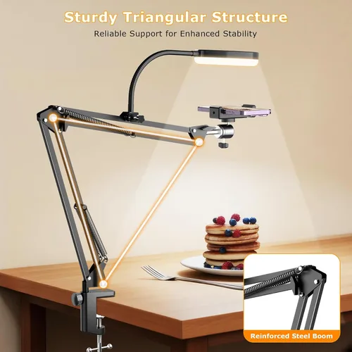 Miniatura 15 de Soporte de cámara superior con anillo de luz, brazo flexible articulado para teléfono compatible con iPhone, webcam Logitech, trípode de escritorio