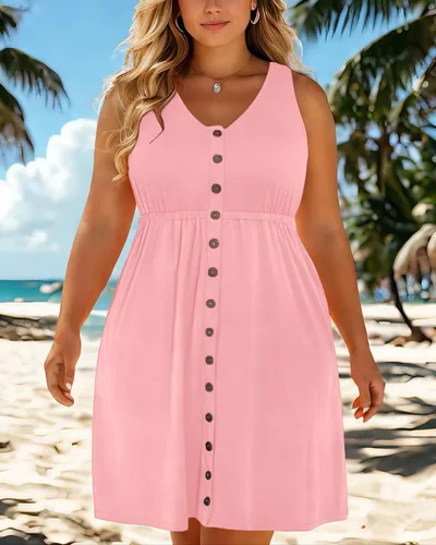 Miniatura 33 de Holipick Vestidos de verano para mujer, talla grande, casual, con bolsillos, acampanado, con botones, sin mangas, cuello en V