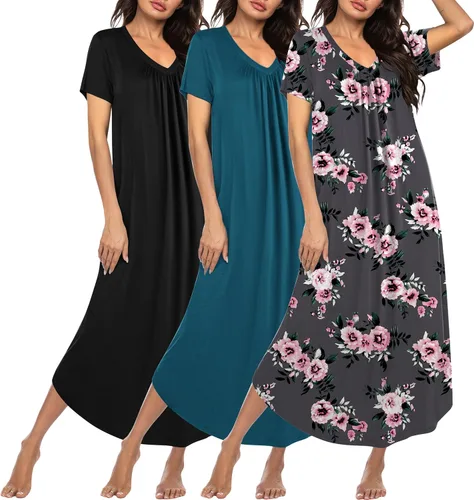 Miniatura 19 de Ekouaer Paquete de 3 camisones largos para mujer, talla grande, vestido de casa de manga corta, cuello en V, camisón casual, M-5XL