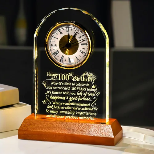 Ornalrist Reloj de cuarzo de cristal de feliz cumpleaños número 100 para hombres y mujeres, regalo de cumpleaños de 100 años para padres, abuela,
