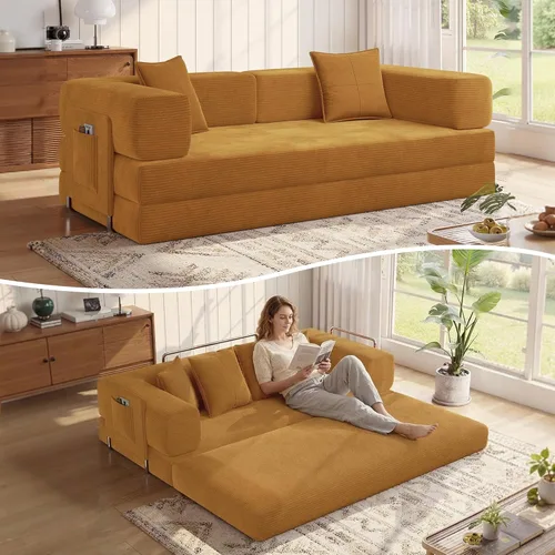 Miniatura 11 de MoonSpeak Sofá cama de 78.8 pulgadas para sala de estar, sofá modular convertible con almohada para reposabrazos, sofás modulares plegables de pana