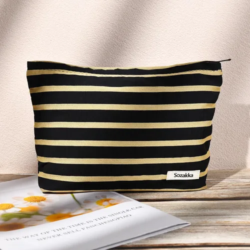 Miniatura 7 de SOIDRAM 2 Piezas Bolsa de Maquillaje Grande con Rayas, Bolsa de Cosméticos de Gran Capacidad, de Lona, Bolsa Organizadora de Artículos de Tocador