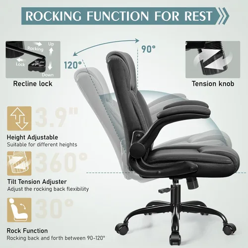 Miniatura 7 de Silla de cuero PU con soporte ergonómico lumbar, gira 360°, pequeña, ruedas, reposabrazos ajustables, para gente chaparra, para escritorio, Negro