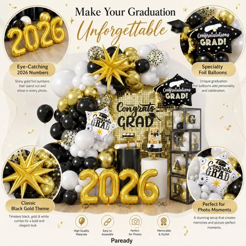 Miniatura 7 de Kit de Arco de Globos Paready Graduación 2025, 120 Piezas de Arco de Globos Graduación Negro y Dorado, Globos de Confeti Negro y Dorado Metálicos