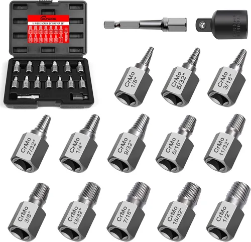 Miniatura 11 de Juego de 15 extractores de tornillos, juego de extractores fáciles de sacar, broca de mano izquierda, extractor de cabeza hexagonal, kit de acero