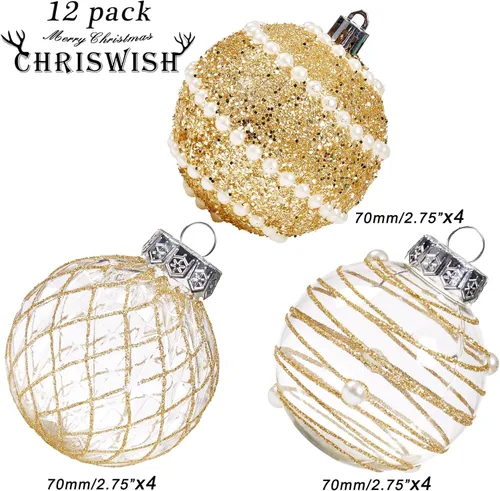 Miniatura 2 de 12 unidades de esferas de Navidad de adorno doradas, irrompibles, de plástico transparente, grandes, decoración para árbol de Navidad, delicados