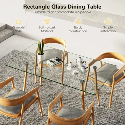 Miniatura 7 de Moccha - Mesa de comedor de cristal de 51 pulgadas, mesa rectangular moderna con amplia mesa de vidrio templado y patas de metal de grano de madera