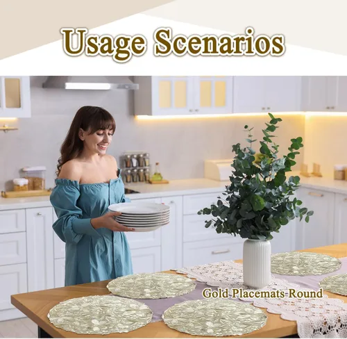 Miniatura 3 de Juego de 6 manteles individuales dorados para mesa redonda de 15 pulgadas de vinilo, manteles individuales para mesa de cocina, juego de manteles