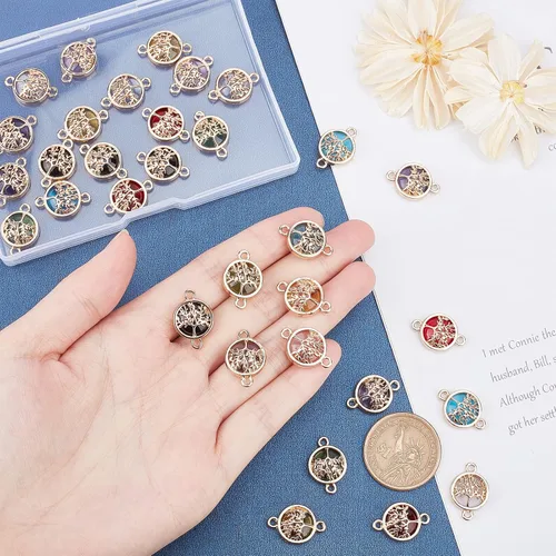 Miniatura 6 de PH PandaHall 32 dijes colgantes del árbol de la vida, 8 colores de aleación de vidrio, dijes de conector de joyería para collares, aretes, joyería