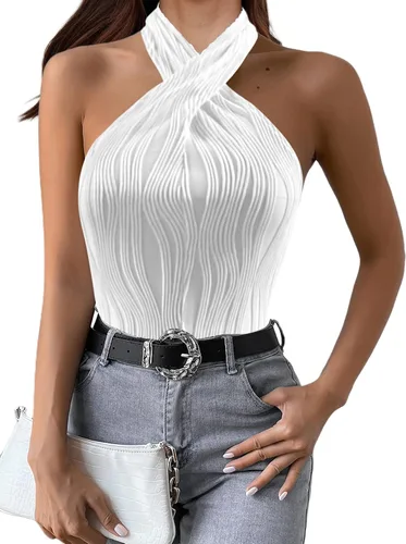 Miniatura 3 de SOFIA'S CHOICE Camiseta sin mangas sexy con cuello halter para mujer, con textura cruzada