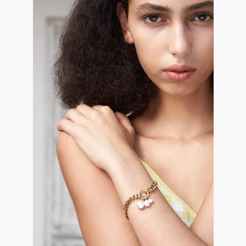 Miniatura 4 de EF ENFASHION Pulsera clásica de eslabones de perlas de acero inoxidable chapada en oro de 18 quilates con dije de corazón para mujeres y niñas