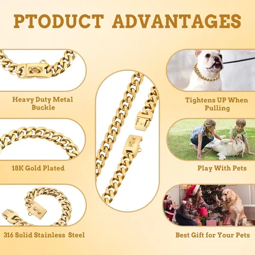 Miniatura 3 de BAOBOTE Collar de perro de acero inoxidable dorado de 0.59 pulgadas con cadena de eslabones cubanos resistente a prueba de mordidas, collar