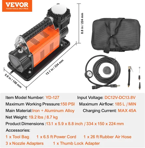 Miniatura 7 de VEVOR - Inflador de neumáticos portátil de 12V, compresor de aire de servicio pesado de 7.06 CFM, bomba de aire todoterreno de 150 PSI