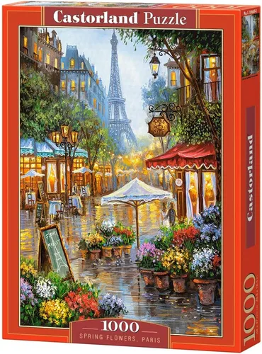 Castorland Rompecabezas de 1000 piezas, flores de primavera, París, Francia, colorido rompecabezas de la torre Eiffel y café, rompecabezas para