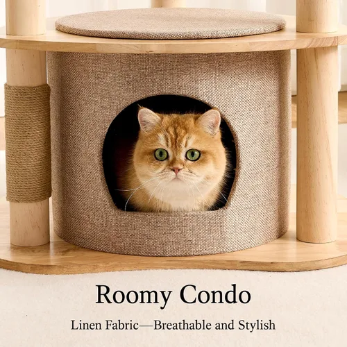 Miniatura 6 de 797Audio Moderno árbol de madera para gatos, árbol estético para gatos de 46 pulgadas con postes rascadores de madera de pino natural y condominio