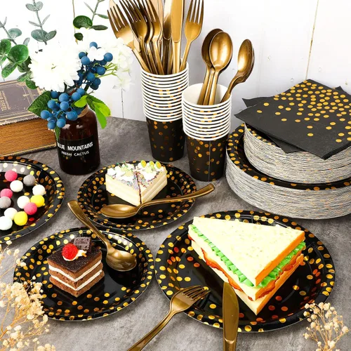 Miniatura 3 de Sieral 560 piezas de suministros de fiesta negros y dorados para 80 invitados, kits de vajilla de punto dorado, platos de papel negro, tazas