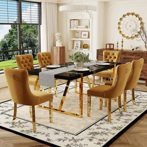 Miniatura 31 de Juego de mesa de comedor negra para 4, parte superior negra brillante de 55 pulgadas con patas de metal dorado, juego de mesa de comedor moderno
