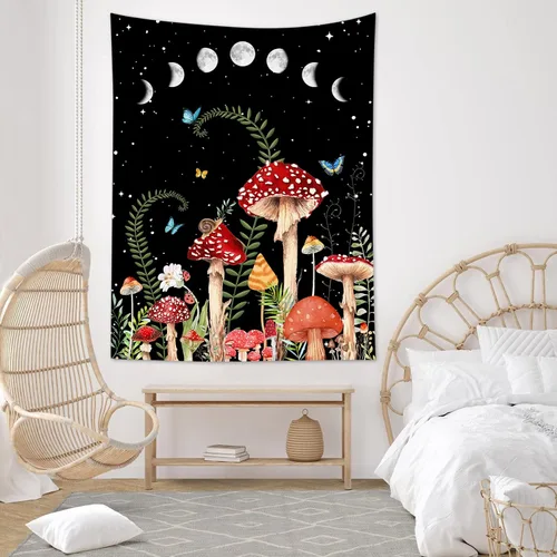 HVEST Tapiz de hongos para colgar en la pared, tapiz bohemio de plantas y mariposas, noche con fase lunar y estrella, decoración de pared para