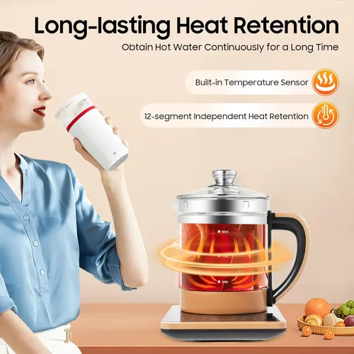 Miniatura 6 de Hervidor de té eléctrico con control de temperatura e infusor de té, 12 modos de preparación, hervidor de agua caliente de vidrio borosilicato