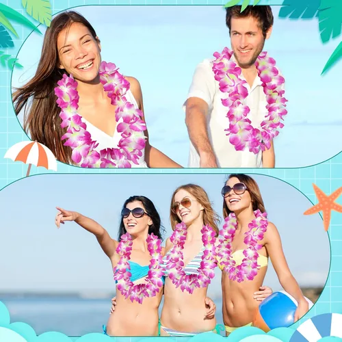 Miniatura 5 de Sherr 48 piezas Collares de leis hawaianas LED con luces LED, collares de flores de Luau para mascarada, playa, boda tropical, suministros