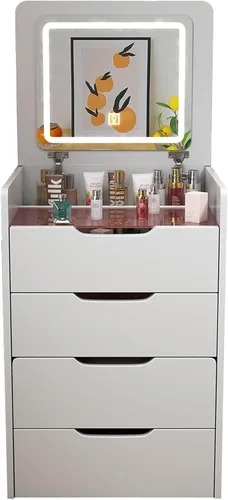 Moderno escritorio de tocador 3 en 1 con espejo abatible iluminado, juego de tocador pequeño con 3 cajones y taburete de almacenamiento, escritorio